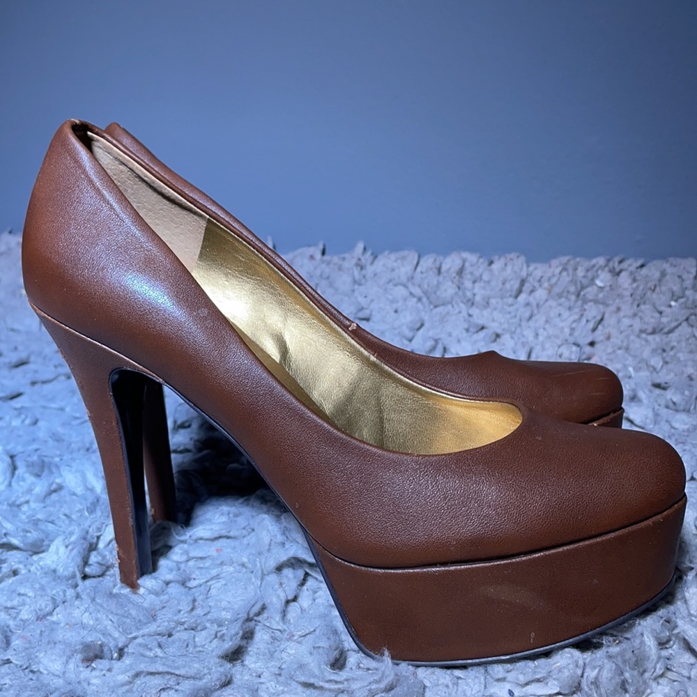 Brown platform, stiletto heels.